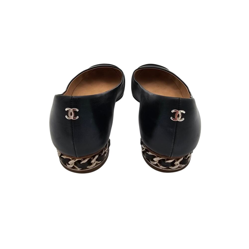 Chanel CC Cap Toe Ballet Flat Slipper Black Leather Chain Size 36.5 US 5.5 6 - Picture 5 of 12